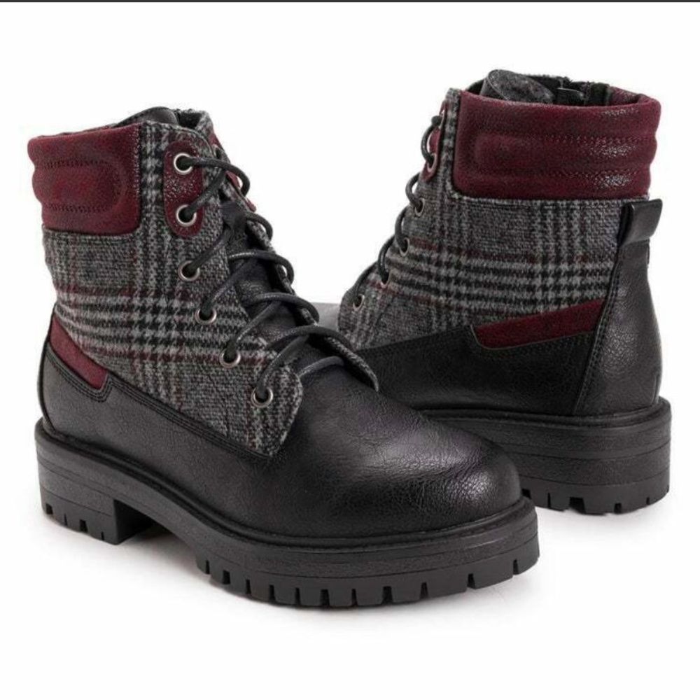 Muk Luks Women’s Catalina Lace Up Ankle Combat Boot Black/Marron/Plaid Sz. 9 NWT - Picture 4 of 8